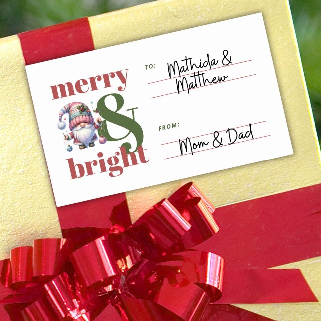 Pegatina Rectangular Gnomo Alegre y Brillante De Navidad (To & From Merry & Bright Gnome Red Green Christmas Rectangular Sticker)