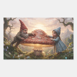 Pegatina Rectangular Gnomo Mágico y Niña en el Bosque con Hongo