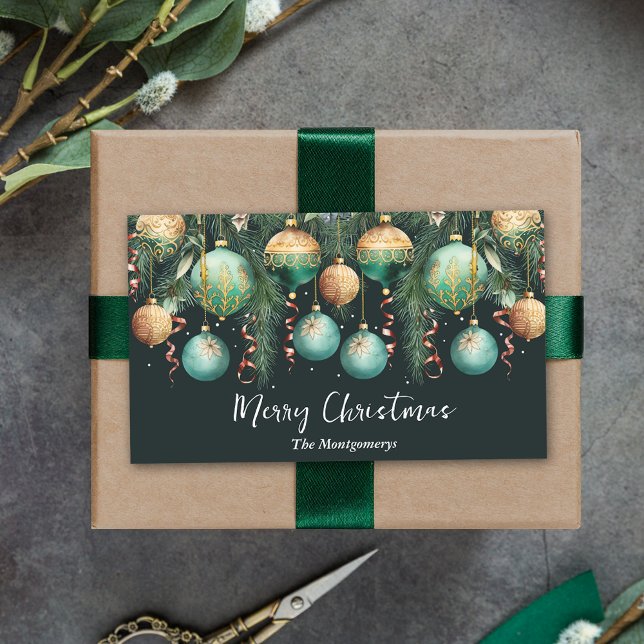 Pegatina Rectangular Gold Baubles Christmas Tree (Gold and green tree ornaments Merry Christmas rectangle stickers 4.5" x 2.7")