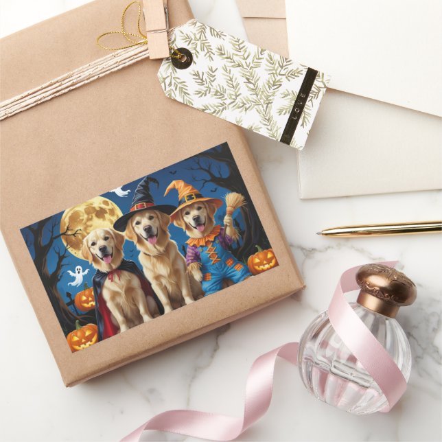 Pegatina Rectangular Golden Retriever Dogs Pumpkin Halloween Funny (Regalar)