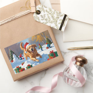 Pegatina Rectangular Golden Retriever en la nieve con sombrero de Navid