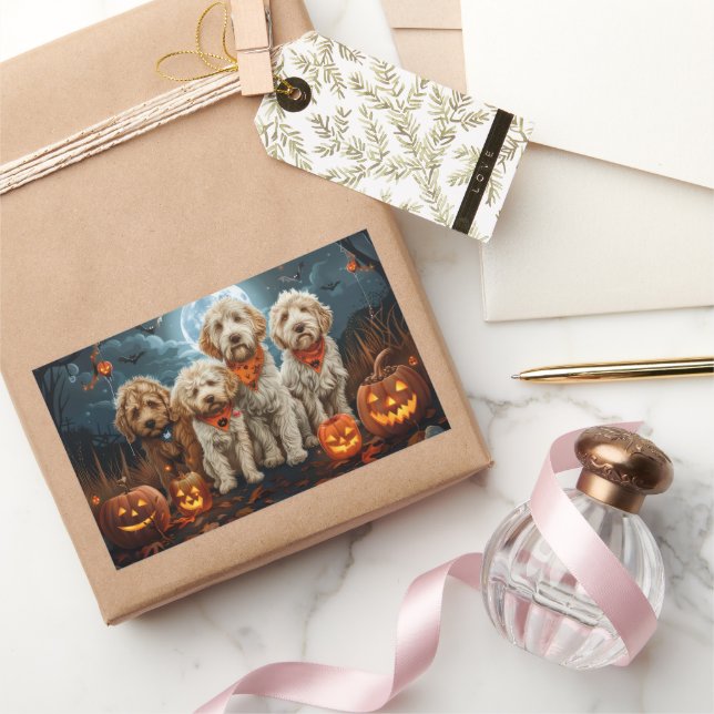 Pegatina Rectangular Goldendoodle Halloween Espeluznante  (Regalar)