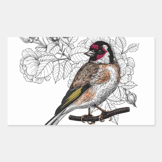 Pegatina Rectangular Goldfinch y rosas (Anverso)