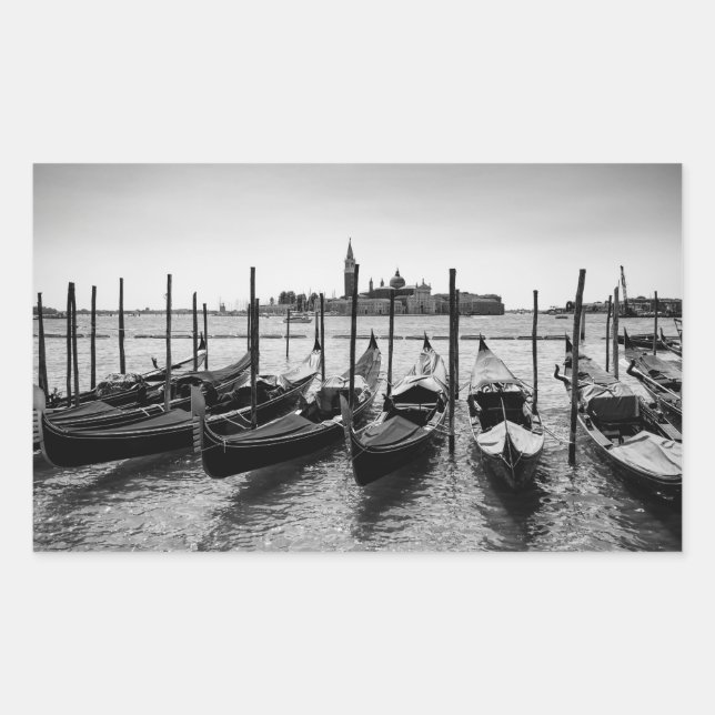 Pegatina Rectangular Góndolas en Venecia en blanco y negro (Anverso)