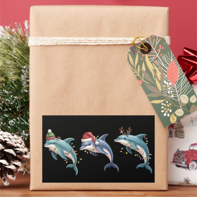 Pegatina Rectangular Gorra de Santa de Navidad para Amantes de Delfines (Vacaciones)