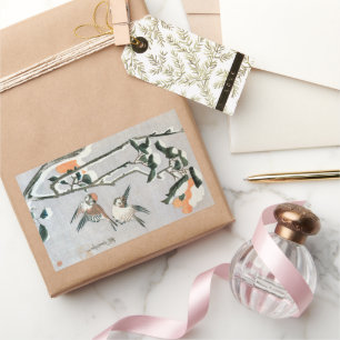 Pegatina Rectangular Gorriones y Camelia en la nieve de Ando Hiroshige