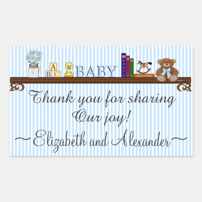 Pegatina Rectangular Gracias a Baby Shower con franjas azules (Anverso)