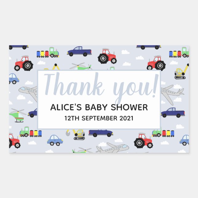 Pegatina Rectangular Gracias a Transport Pattern Boy Baby Shower (Anverso)