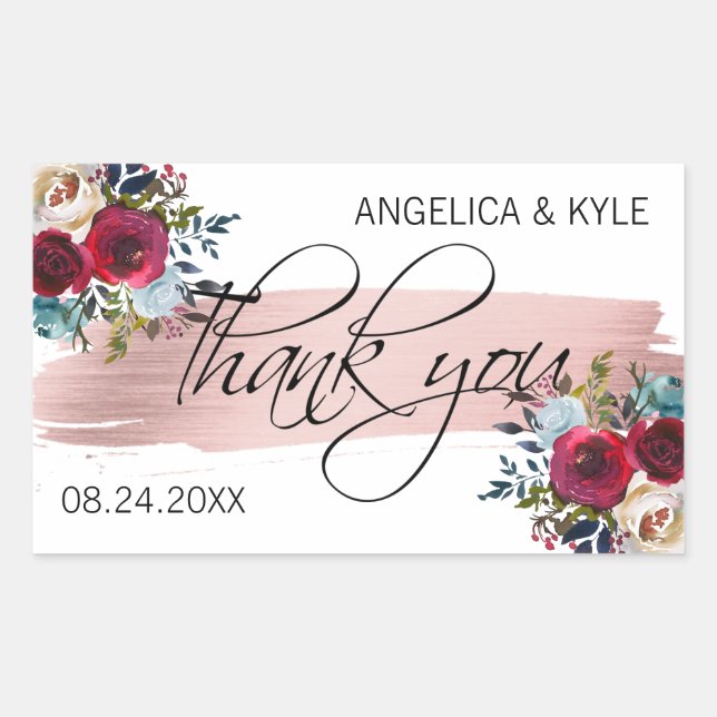 Pegatina Rectangular Gracias Floral Burgundy Rosa Gold Boda Bridal (Anverso)