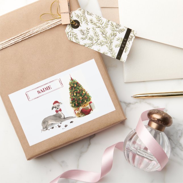 Pegatina Rectangular Graciosos Navidades italianos de Greyhound con árb (Regalar)