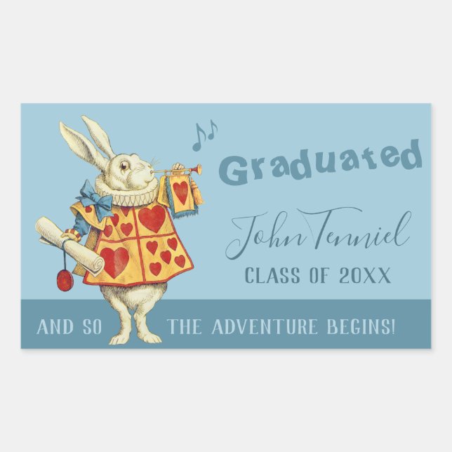 Pegatina Rectangular Graduación Conejo Blanco sopla trompeta CC1138 (Anverso)