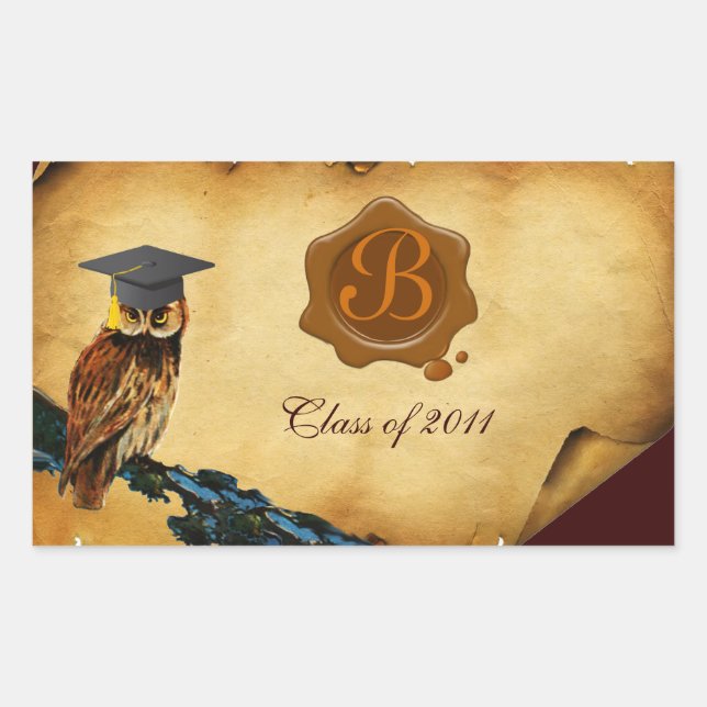 PEGATINA RECTANGULAR GRADUACIÓN OWL PARCHMENT BROWN WAX SEAL MONOGRAM (Anverso)