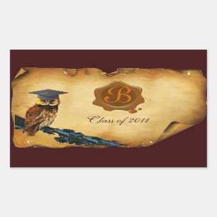 PEGATINA RECTANGULAR GRADUACIÓN OWL PARCHMENT BROWN WAX SEAL MONOGRAM