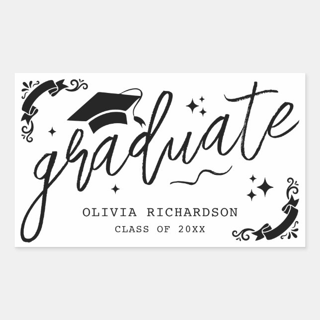 Pegatina Rectangular Graduación Personalizada Elegante Guión Estrellas  (Anverso)