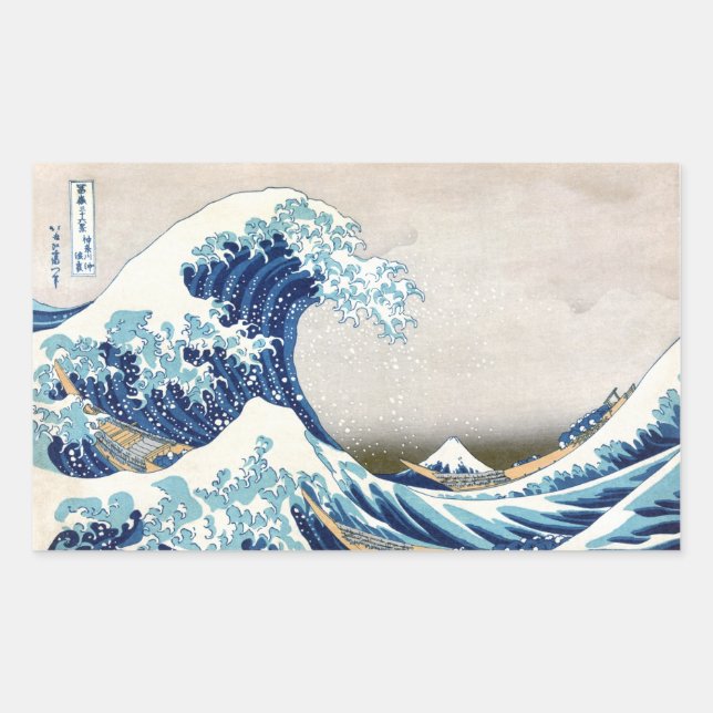 Pegatina Rectangular Gran ola de Bella Artes japonés Kanagawa Hokusai (Anverso)
