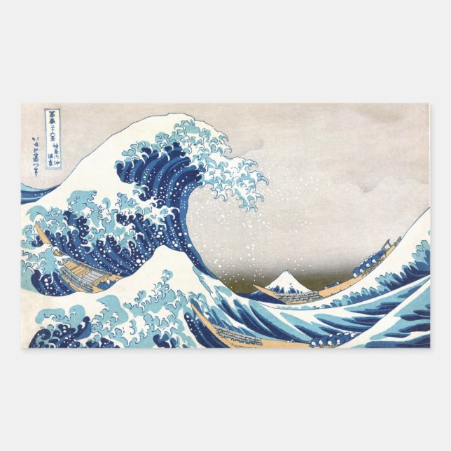 Pegatina Rectangular Gran ola de Bella Artes japonés Kanagawa Hokusai (Anverso)