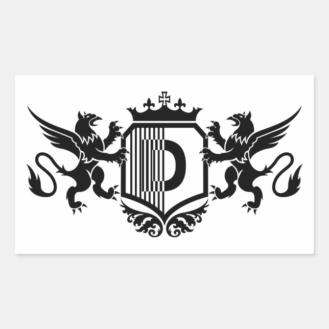 Pegatina Rectangular Griffins flanqueando un escudo con la letra "D" (Anverso)