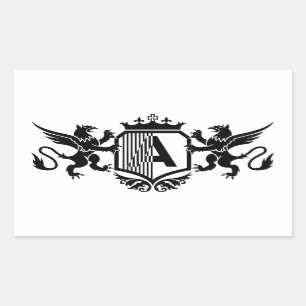 Pegatina Rectangular Grifos flanqueando un escudo con la letra "A"