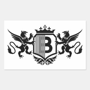Pegatina Rectangular Grifos flanqueando un escudo con la letra "B"