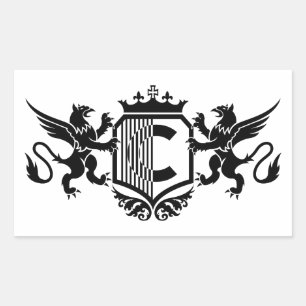 Pegatina Rectangular Grifos flanqueando un escudo con la letra "C"
