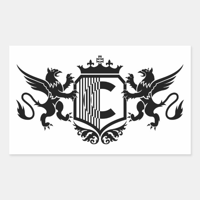 Pegatina Rectangular Grifos flanqueando un escudo con la letra "C" (Anverso)