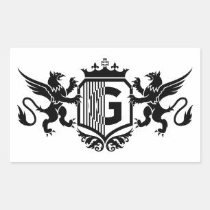 Pegatina Rectangular Grifos flanqueando un escudo con la letra "G"