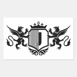 Pegatina Rectangular Grifos flanqueando un escudo con la letra "J"