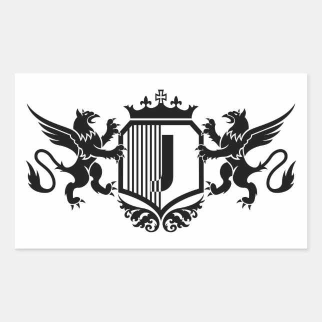 Pegatina Rectangular Grifos flanqueando un escudo con la letra "J" (Anverso)