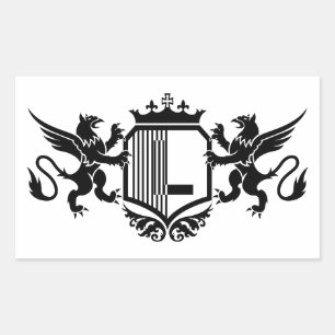 Pegatina Rectangular Grifos flanqueando un escudo con la letra "L"