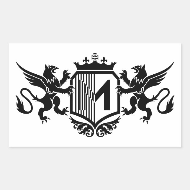 Pegatina Rectangular Grifos flanqueando un escudo con la letra "M" (Anverso)