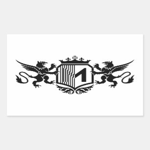 Pegatina Rectangular Grifos flanqueando un escudo con la letra "M"