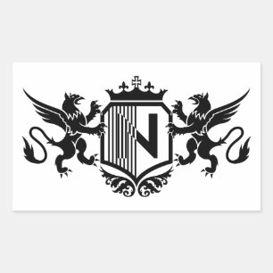 Pegatina Rectangular Grifos flanqueando un escudo con la letra "N"
