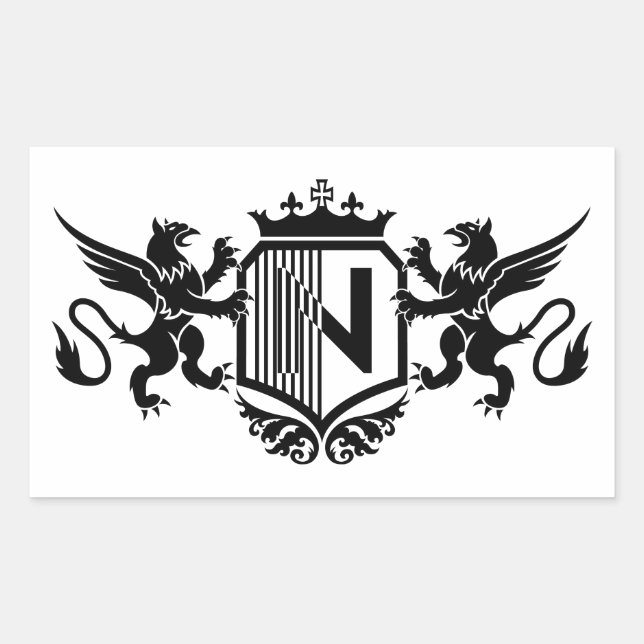 Pegatina Rectangular Grifos flanqueando un escudo con la letra "N" (Anverso)