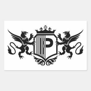 Pegatina Rectangular Grifos flanqueando un escudo con la letra "P"