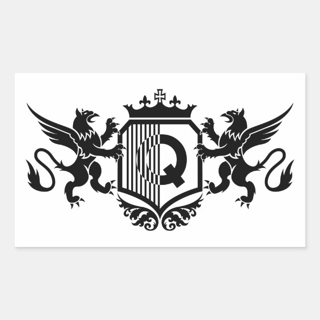 Pegatina Rectangular Grifos flanqueando un escudo con la letra "Q" (Anverso)
