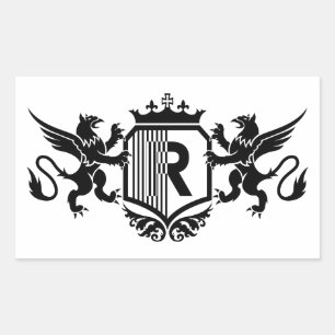 Pegatina Rectangular Grifos flanqueando un escudo con la letra "R"