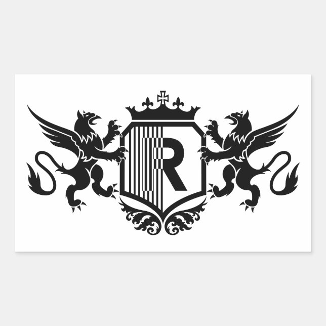 Pegatina Rectangular Grifos flanqueando un escudo con la letra "R" (Anverso)
