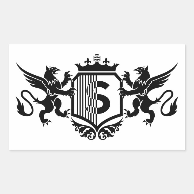 Pegatina Rectangular Grifos flanqueando un escudo con la letra "S" (Anverso)