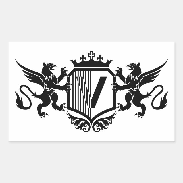 Pegatina Rectangular Grifos flanqueando un escudo con la letra "V" (Anverso)