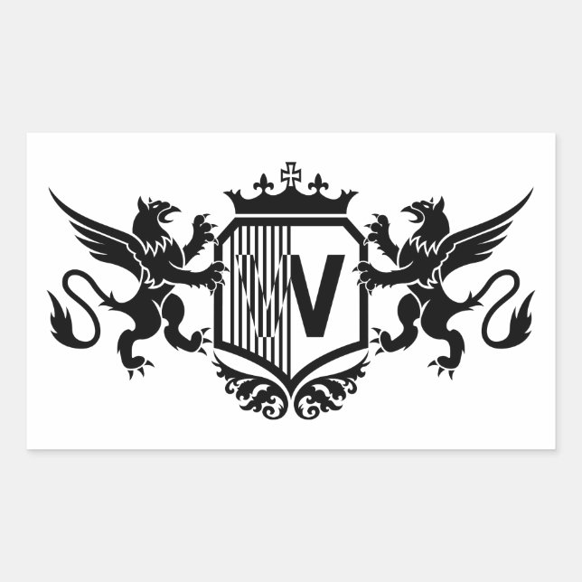 Pegatina Rectangular Grifos flanqueando un escudo con la letra "W" (Anverso)