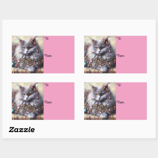 Pegatina Rectangular Gris de pelo largo Nebelung Cat Kitty con joyas (Hoja)