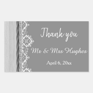 Pegatina Rectangular Gris romántico boda gris encaje blanco gracias