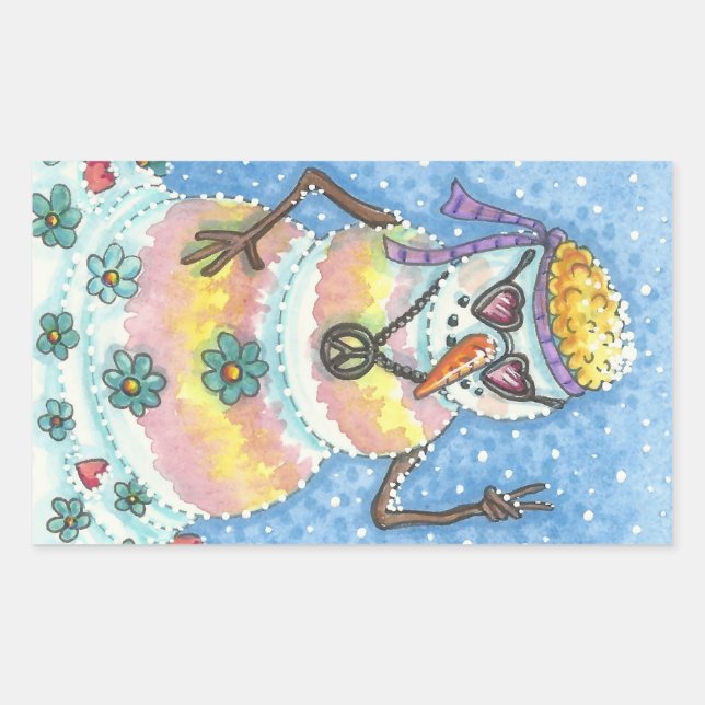 Pegatina Rectangular GROOVY SNOWMAN, PEACE SIGN NAVIDAD STICKERS Rec (Anverso)