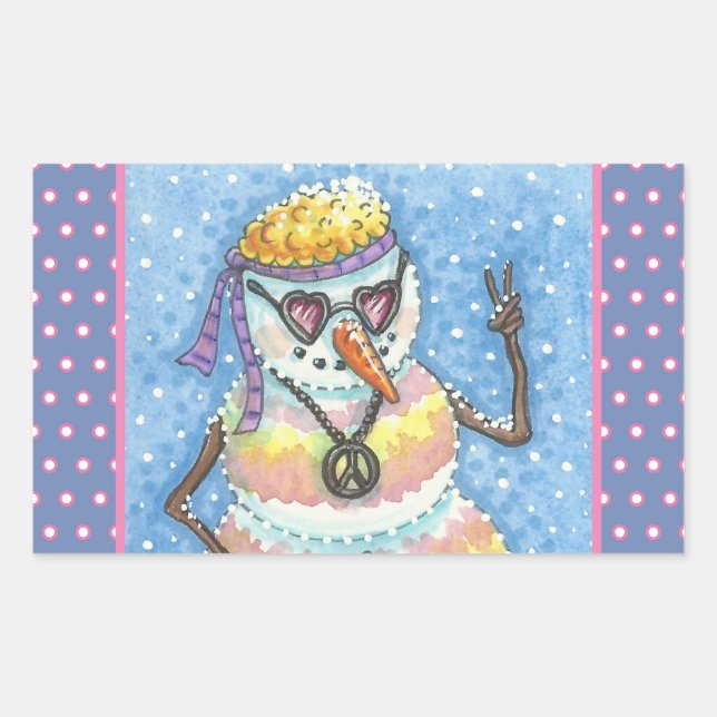 Pegatina Rectangular GROOVY SNOWMAN, PEACE SIGN NAVIDAD STICKERS Rec (Anverso)