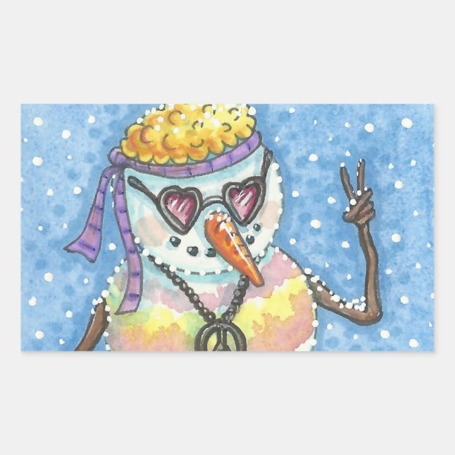 Pegatina Rectangular GROOVY SNOWMAN, PEACE SIGN NAVIDAD STICKERS Rec (Anverso)