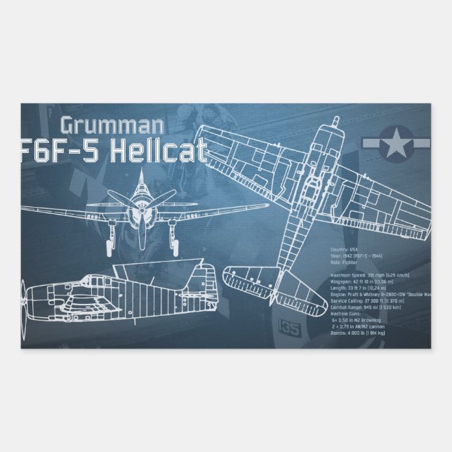 Pegatina Rectangular Grumman F6F Hellcat Blueprint (Anverso)