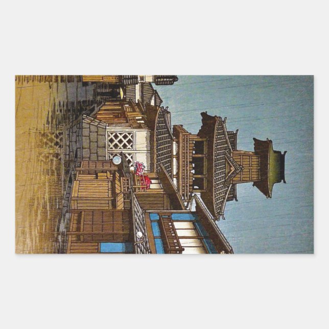 Pegatina Rectangular Guay Oriental japanese Hasu Kawase pueblo lluvioso (Anverso)