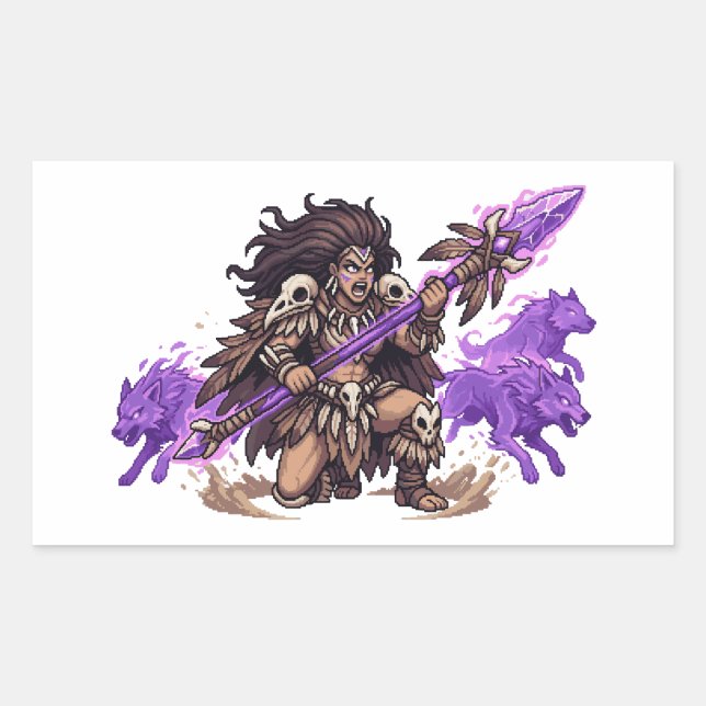 Pegatina Rectangular Guerrero Chamán de Pixel Art con Lobos Espíritu Fa (Anverso)