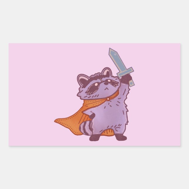 Pegatina Rectangular Guerrero Mapache de Fantasía Adorable con Espada y (Anverso)