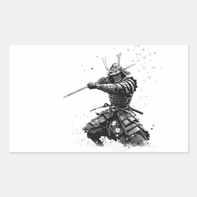 Pegatina Rectangular Guerrero Samurái en Acción Arte Japonés Cerámica  (Anverso)